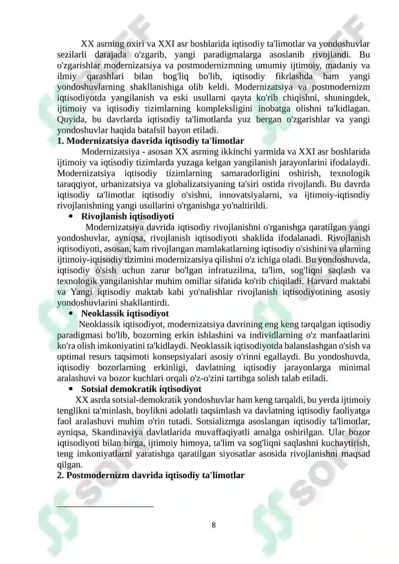HOZIRGI ZAMON IQTISODIY TA’LIMOTLARINING ASOSIY YO’NALISHLARI 8
