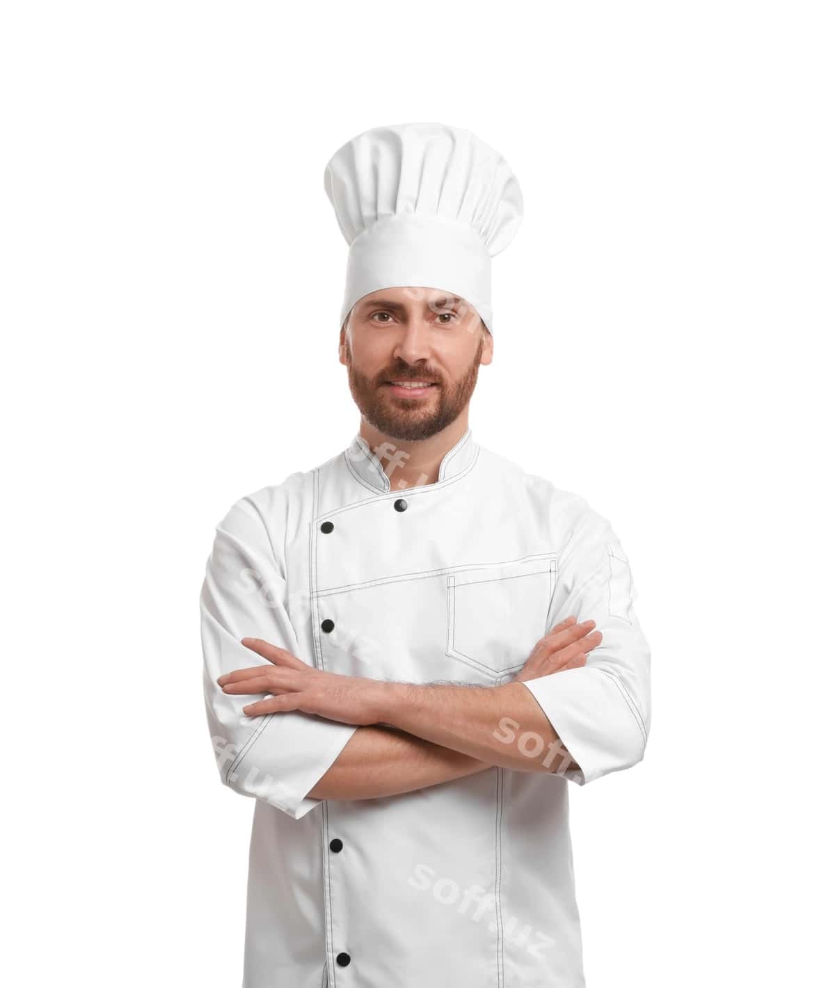 Erkak oshpaz katta yoshli gulman oq fonda | Smiling mature male chef white background 1