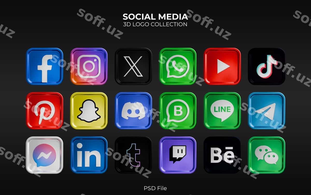 Ijtimoiy tarmoqlar 3D logotip to'plami | Social media 3d logo collection 1
