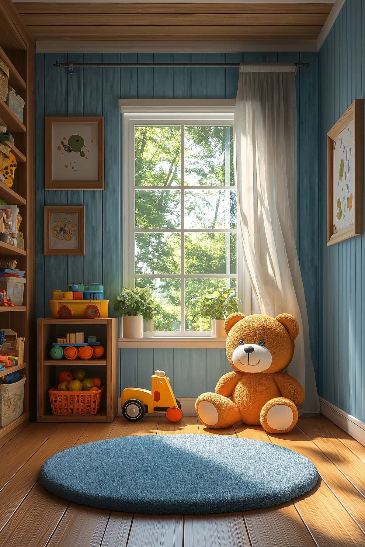 To'ldirilgan ayiq moviy xonada o'yinchoq mashinasi bilan o'tiradi | Stuffed bear sits blue room with toy car 1
