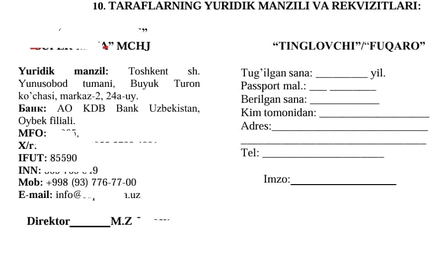 O'quvchilar bilan tuziladigan shartnoma 1