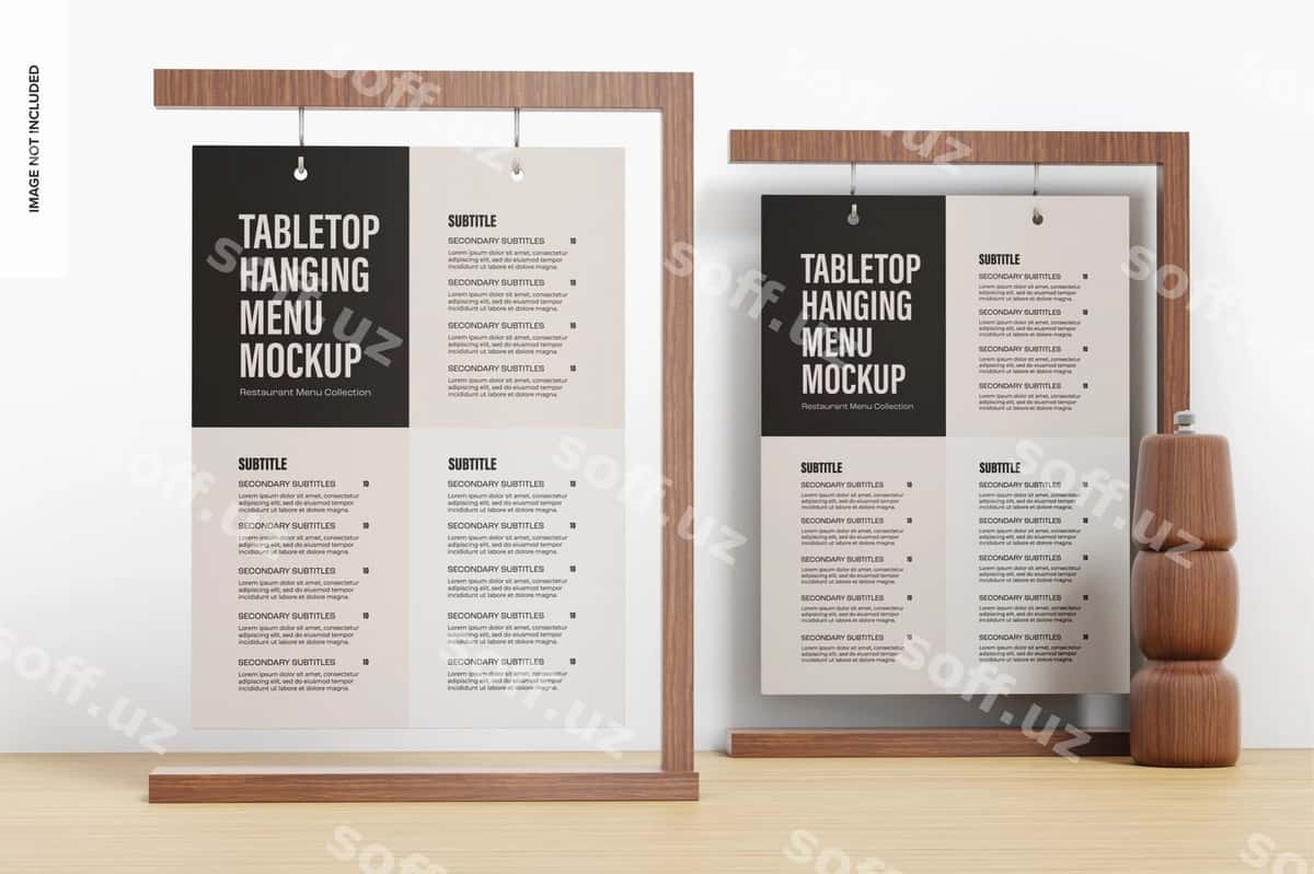 Masa usti asabli menyular namunasi old ko'rinish | Tabletop hanging menus mockup front view 1