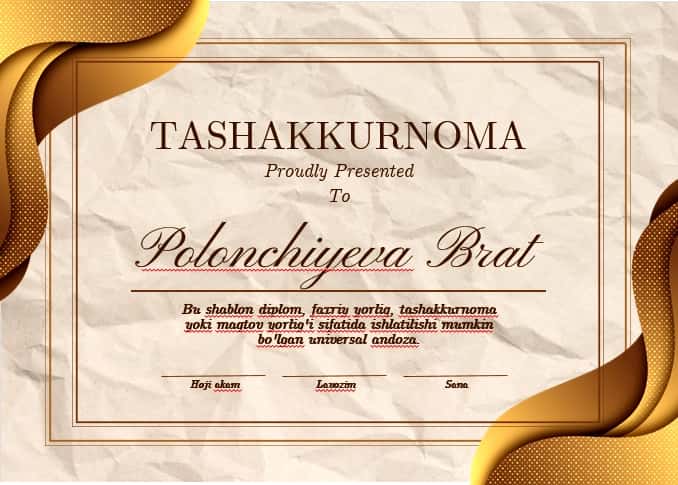 TASHAKKURNOMA shablon tayyori andoza 1