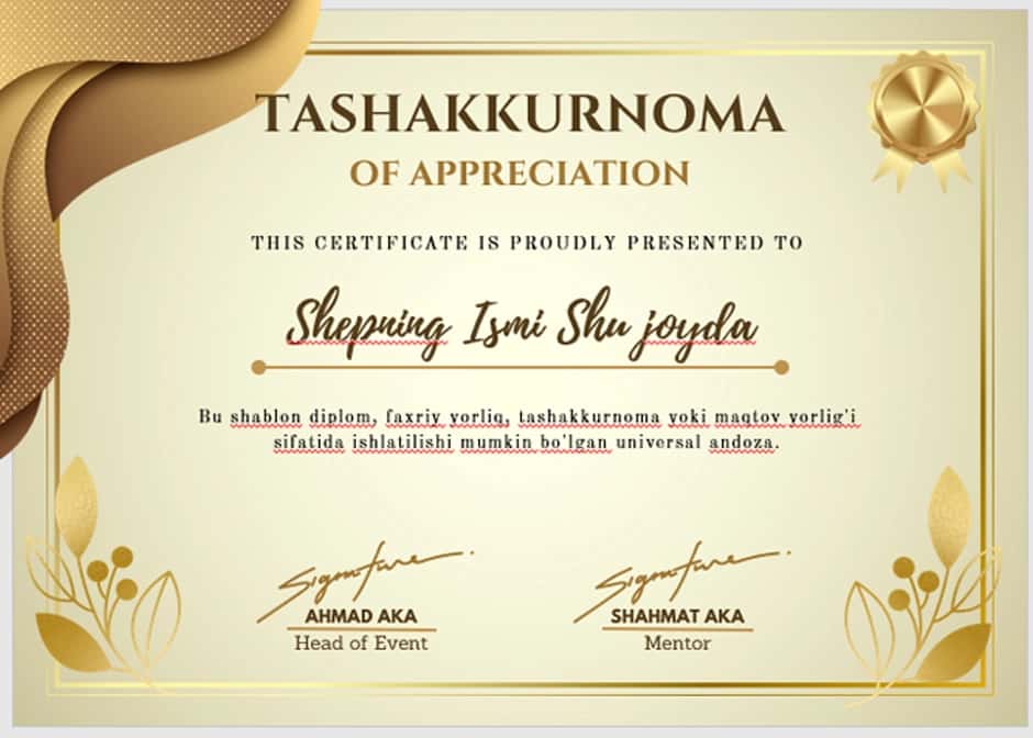 TASHAKKURNOMA shablon tayyori andoza 2