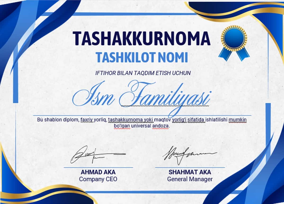 TASHAKKURNOMA shablon tayyor andoza 2