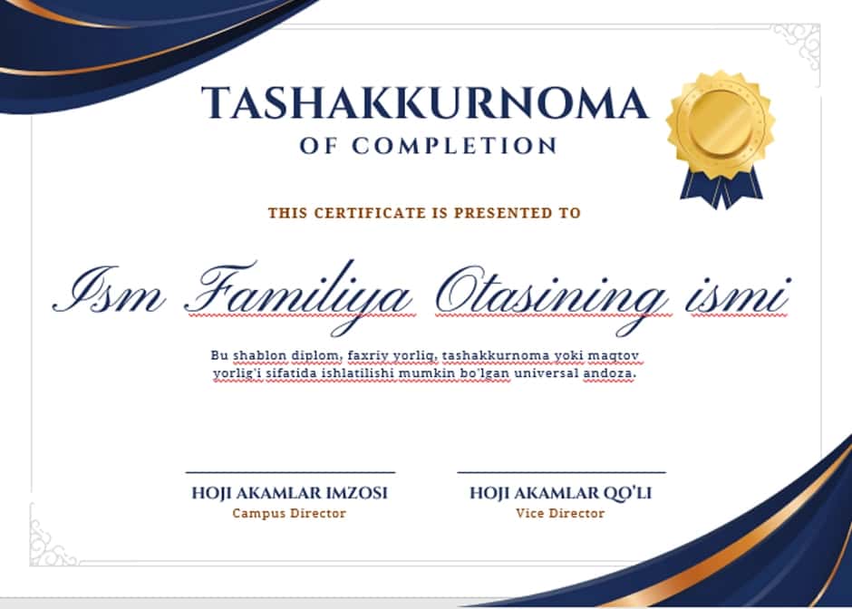 TASHAKKURNOMA shablon tayyori andoza 2