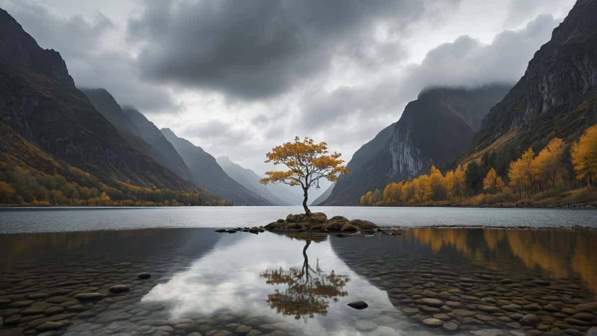 O'rta ko'lda yolg'iz daraxt o'tiribdi | There is lone tree sitting rock middle lake 1