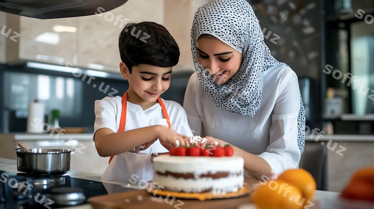 Ayol va o'g'il tortni kesyapdi. | There is woman boy that are cutting cake 1