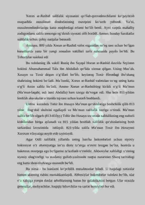 IX asrning birinchi choragida Xalifalikning ijtimoiy- iqtisodiy ahvoli. Tohir Ibn Husayn va Tohiriylar davlati 8
