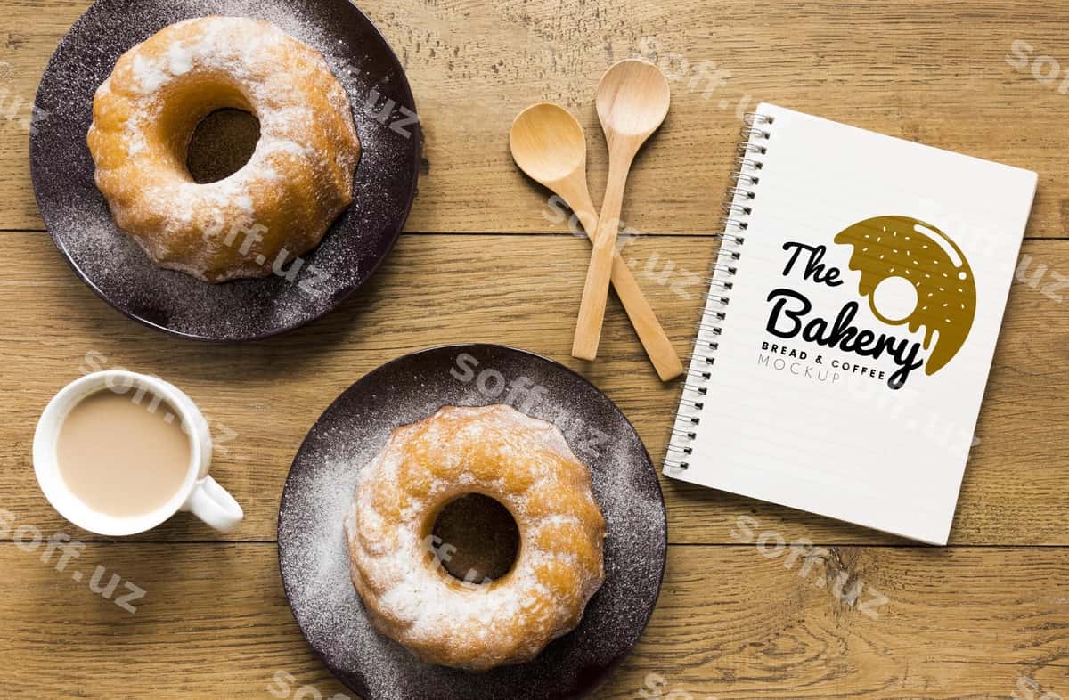 Yuqori ko'rinishdagi daftar donatlar va kofe bilan | Top view notebook with donuts coffee 1
