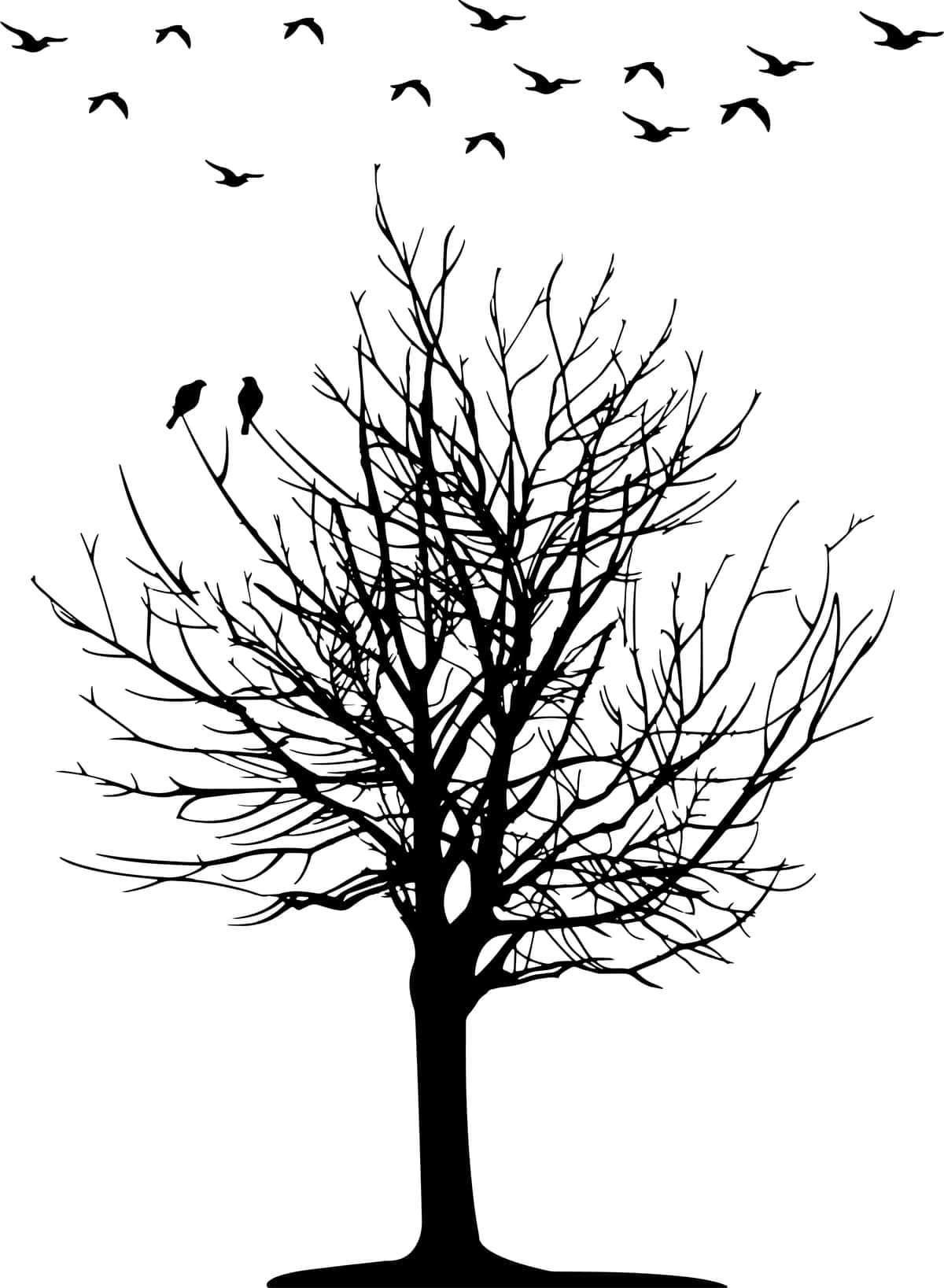 Qora oq vektor eskizi tasvirlangan daraxt qushlari | Black white vector sketch illustration tree birds 1