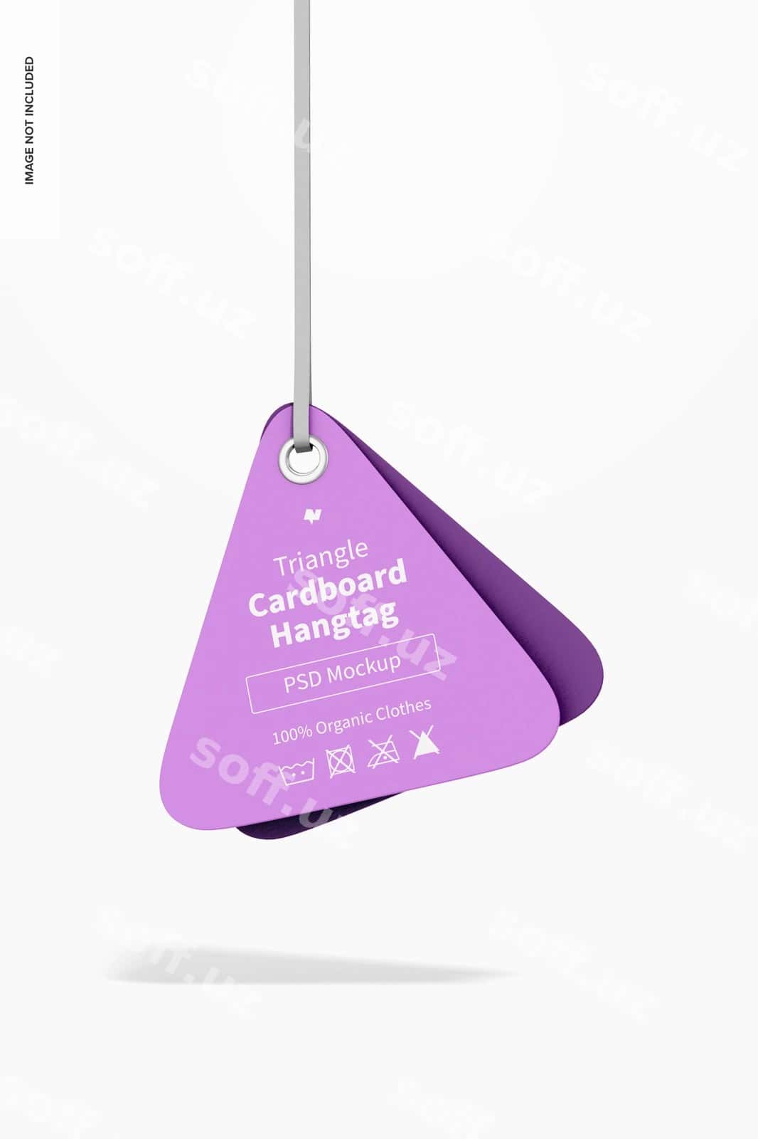 Uchburchak karton asr tagi namunasi ashratmoqda | Triangle cardboard hangtag mockup hanging 1