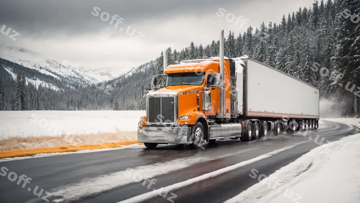 Yuk mashinasi qorqoq yo'l bo'yi kun davomida harakat qilmoqda | Truck driving along snowy road day 1