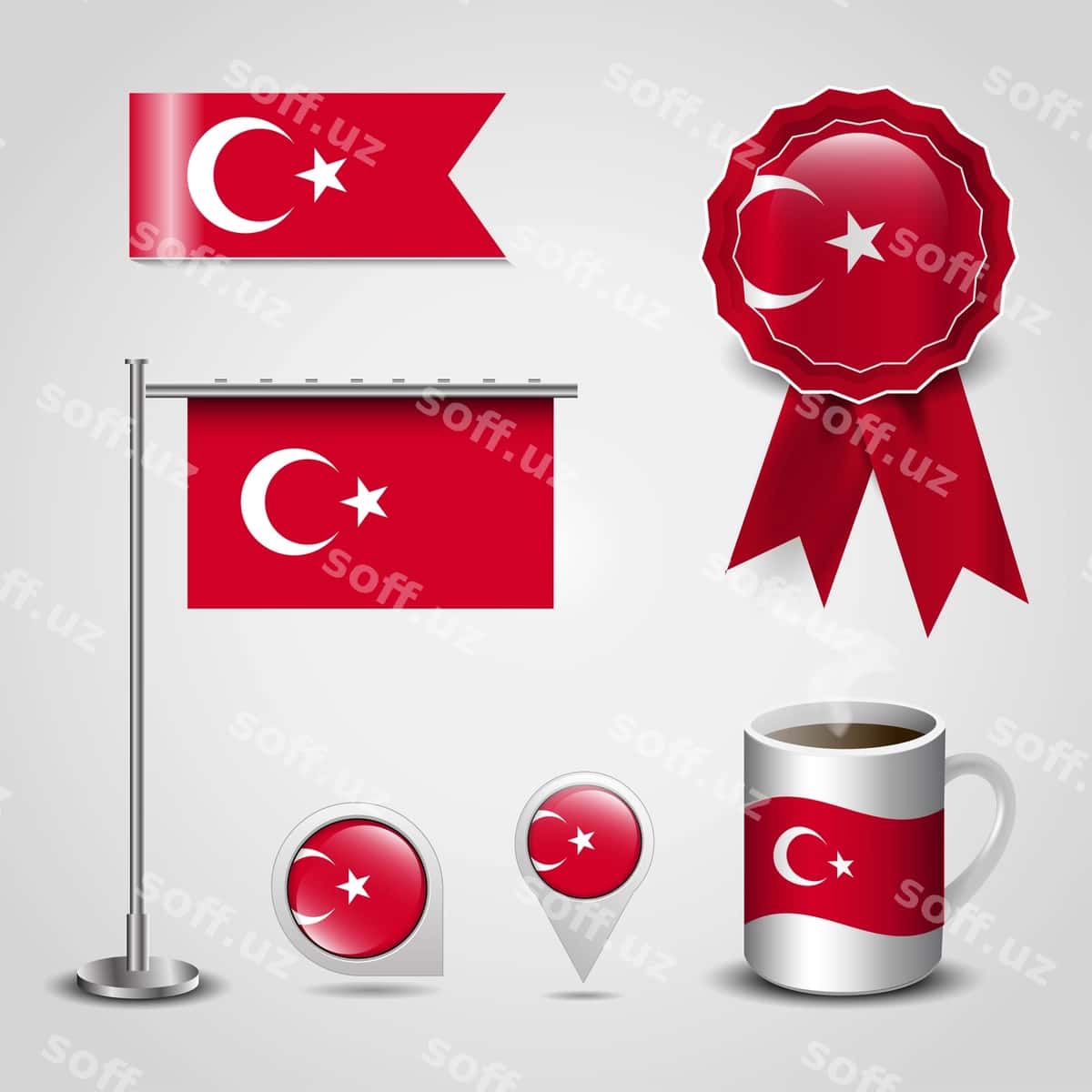 Turkiya bayrog'i vektor dizayn elementlari komplekti | Turkish flag vector design items set 1
