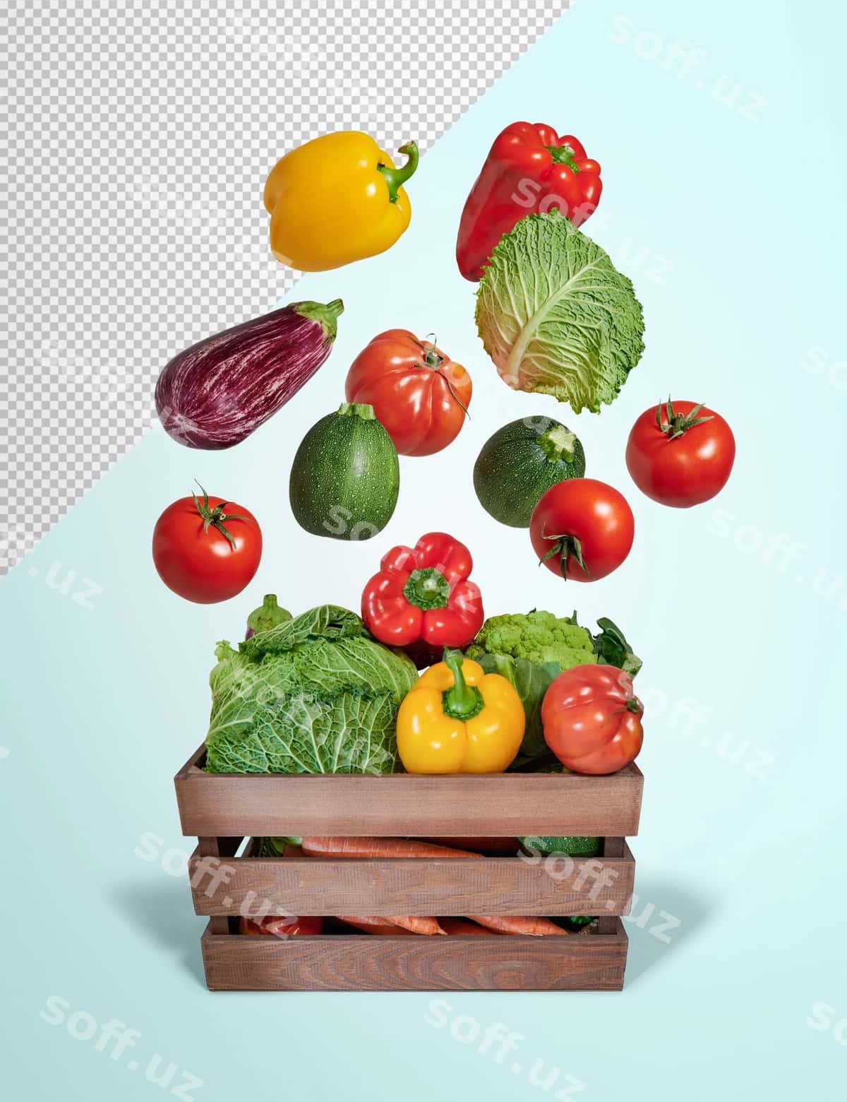 Sabzavotlar uçadigan yongoq quti namunasi | Vegetables flying wooden box mockup 1