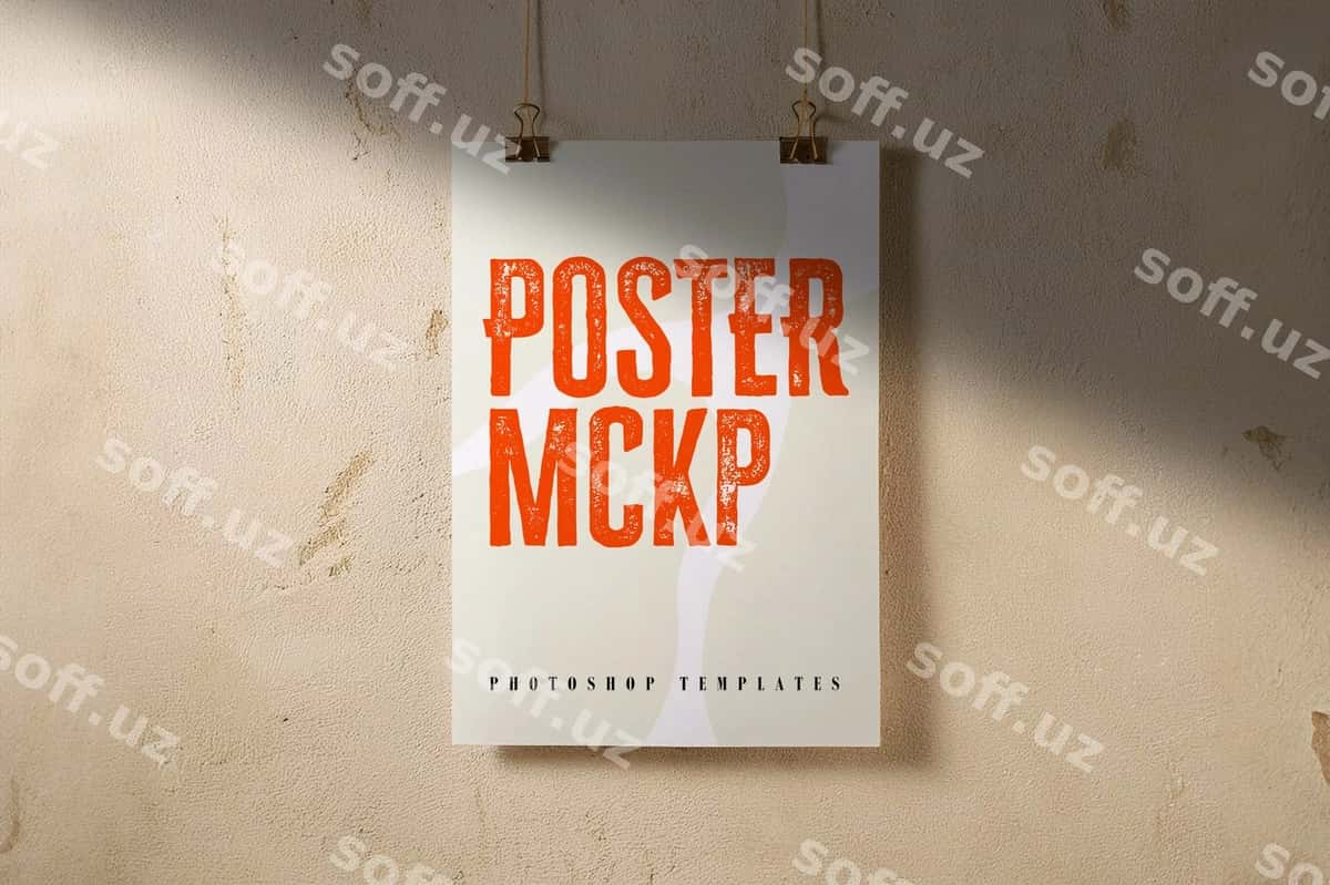 Oq qog'ozdagi poster mockupi | White paper hanging poster mockup 1