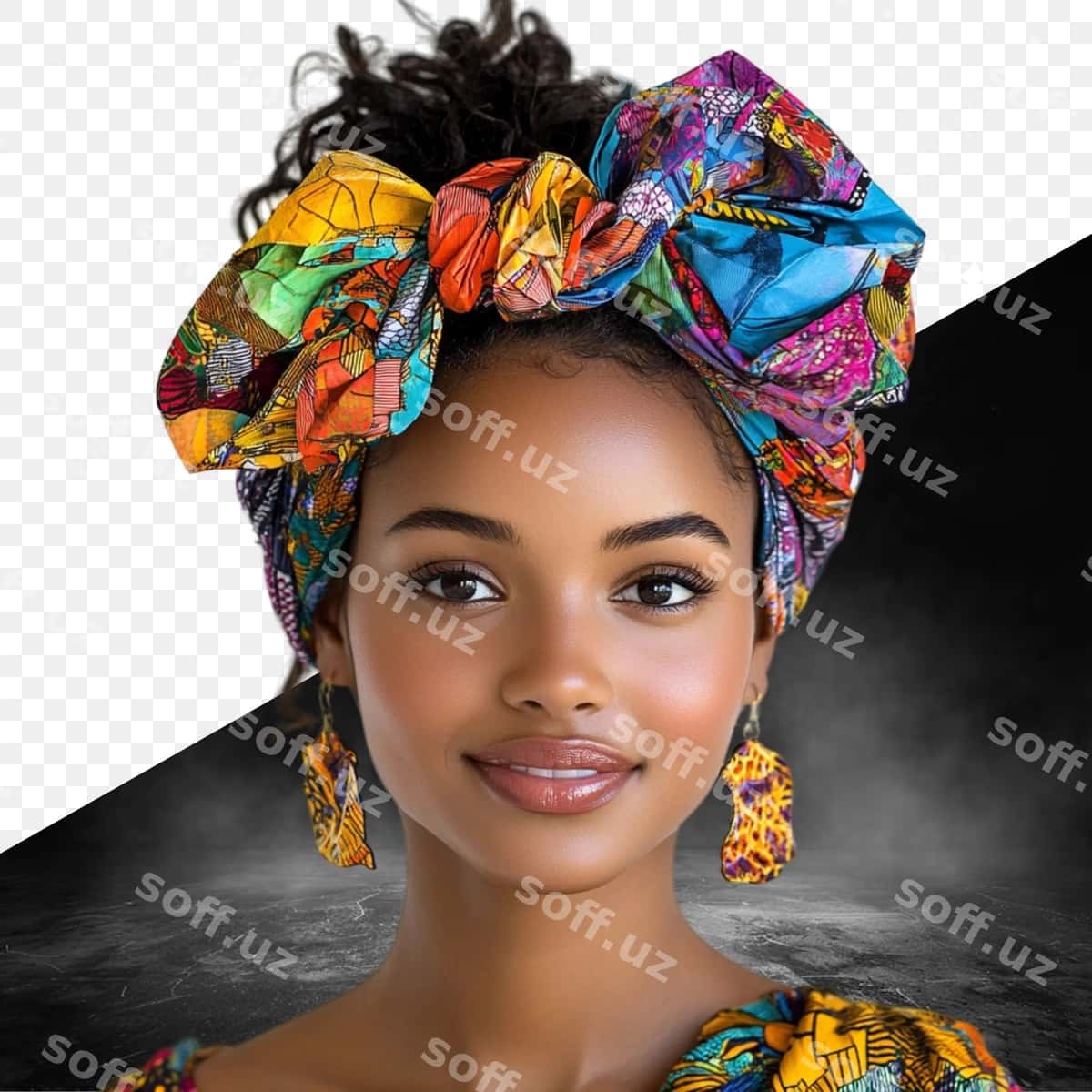Ayol uning boshida rang-bar rangli bosh oynagi bilan. | Woman with colorful headband her head 1