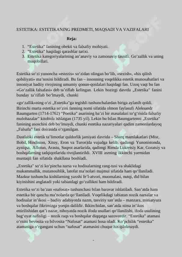 ESTETIKA: ESTETIKANING PREDMETI, MAQSADI VA VAZIFALARI