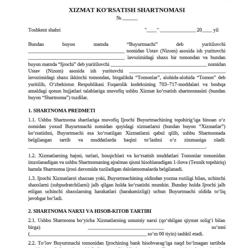 Xizmat ko'rsatish shartnomasi — professional yuridik shablon (.docx) 1