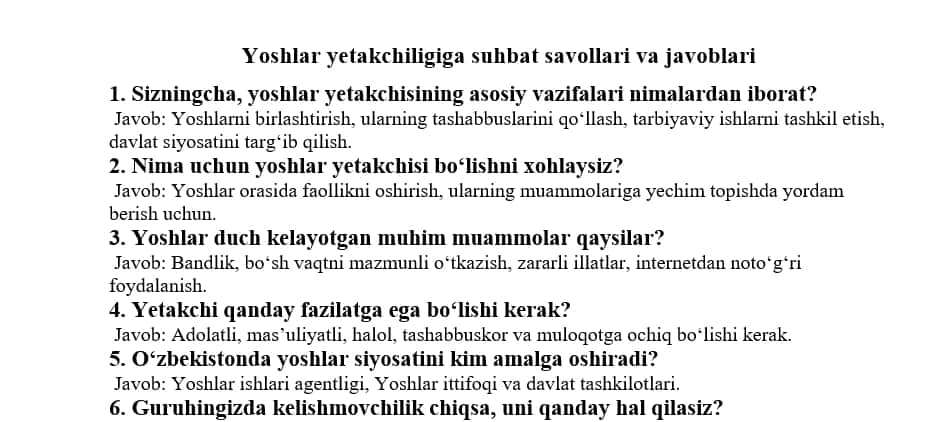 Yoshlar yetakchiligiga suhbat savollari va javoblar 1