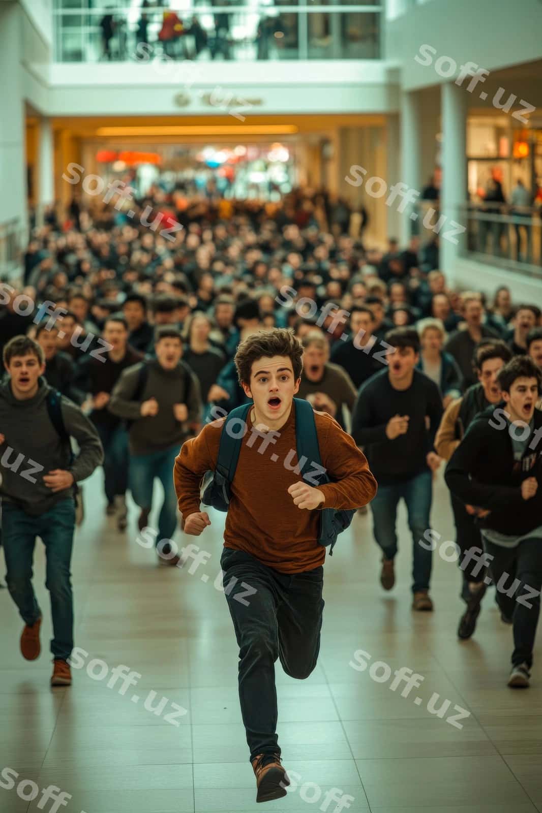Yigit olomon savdo markazi bilan yugurmoqda | Young man running with crowd mall 1