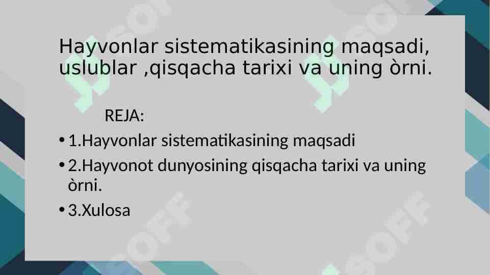 Hayvonlar sistematikasining maqsadi, uslublar ,qisqacha tarixi va uning òrni. 1