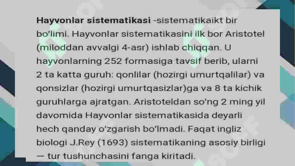 Hayvonlar sistematikasining maqsadi, uslublar ,qisqacha tarixi va uning òrni. 5