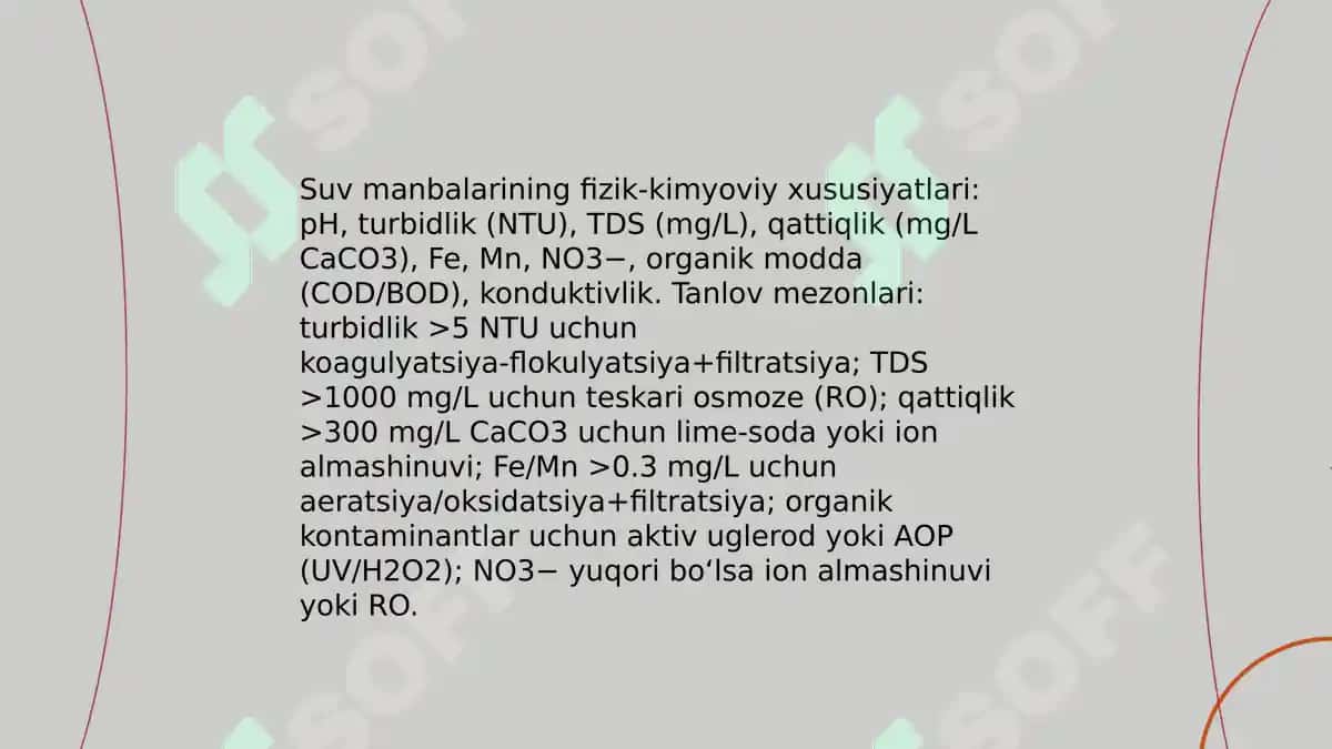 Suv ta'minotidagi suvning sifatidan kelib chiqqan holda ichimlik suvning sifatini yaxshilash usullarini ilmiy asoslash 4