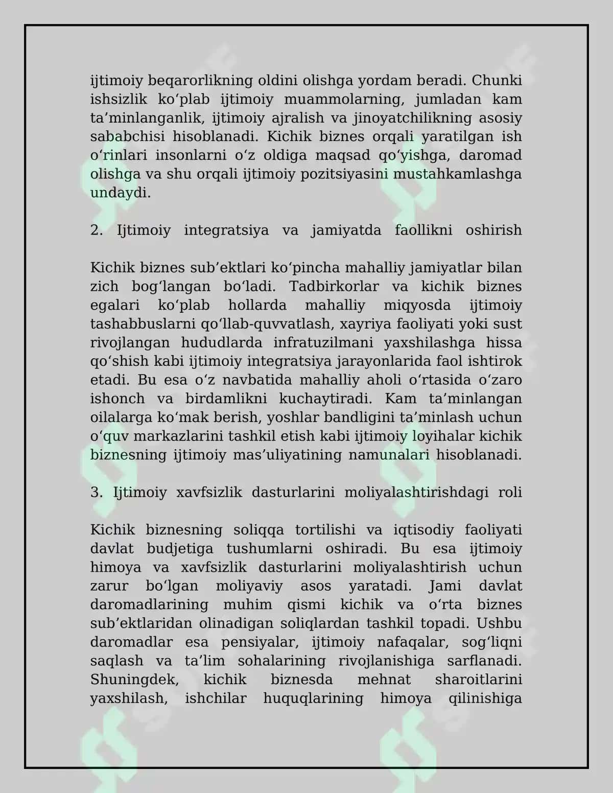 Kichik biznes va tadbirkorlik faoliyatini rivojlantirishning iqtisodiy va ijtimoiy xavfsizlikni ta'minlashdagi ahamiyati 8
