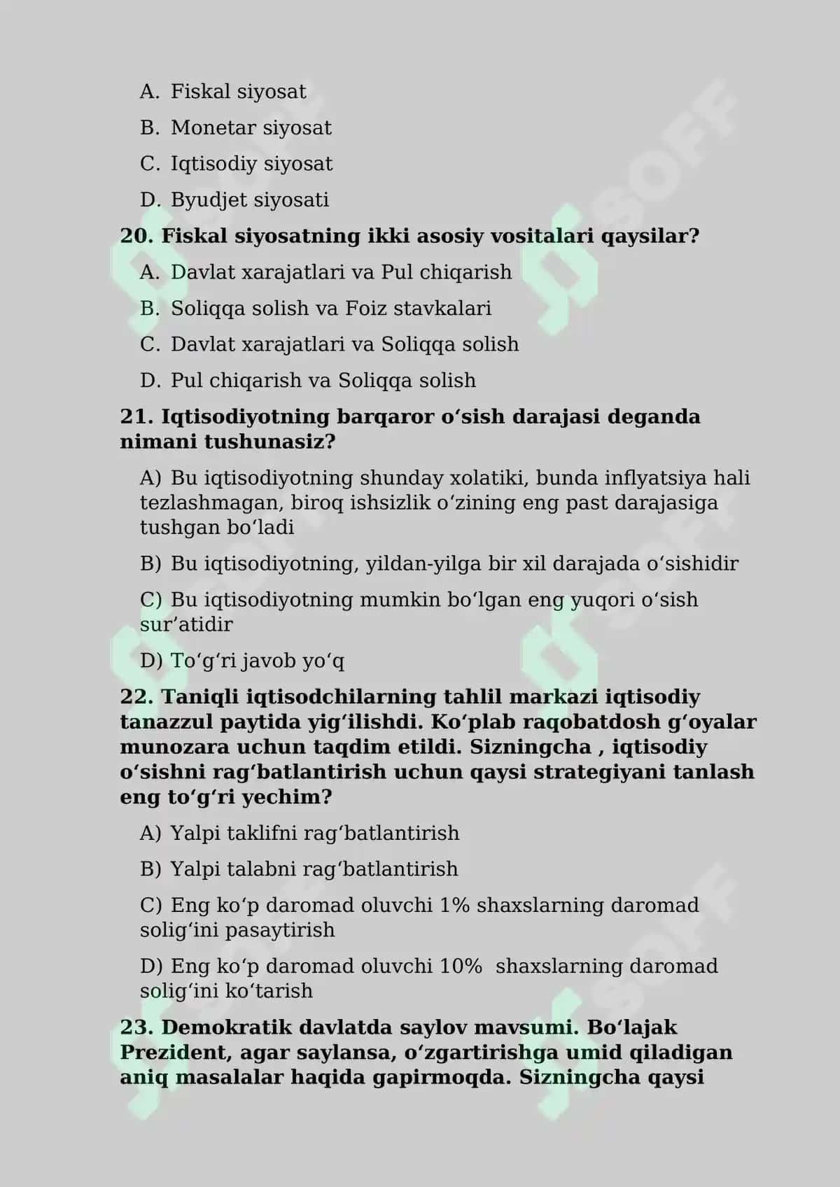 Iqtisodiy siyosat bo'yicha test savollari 6