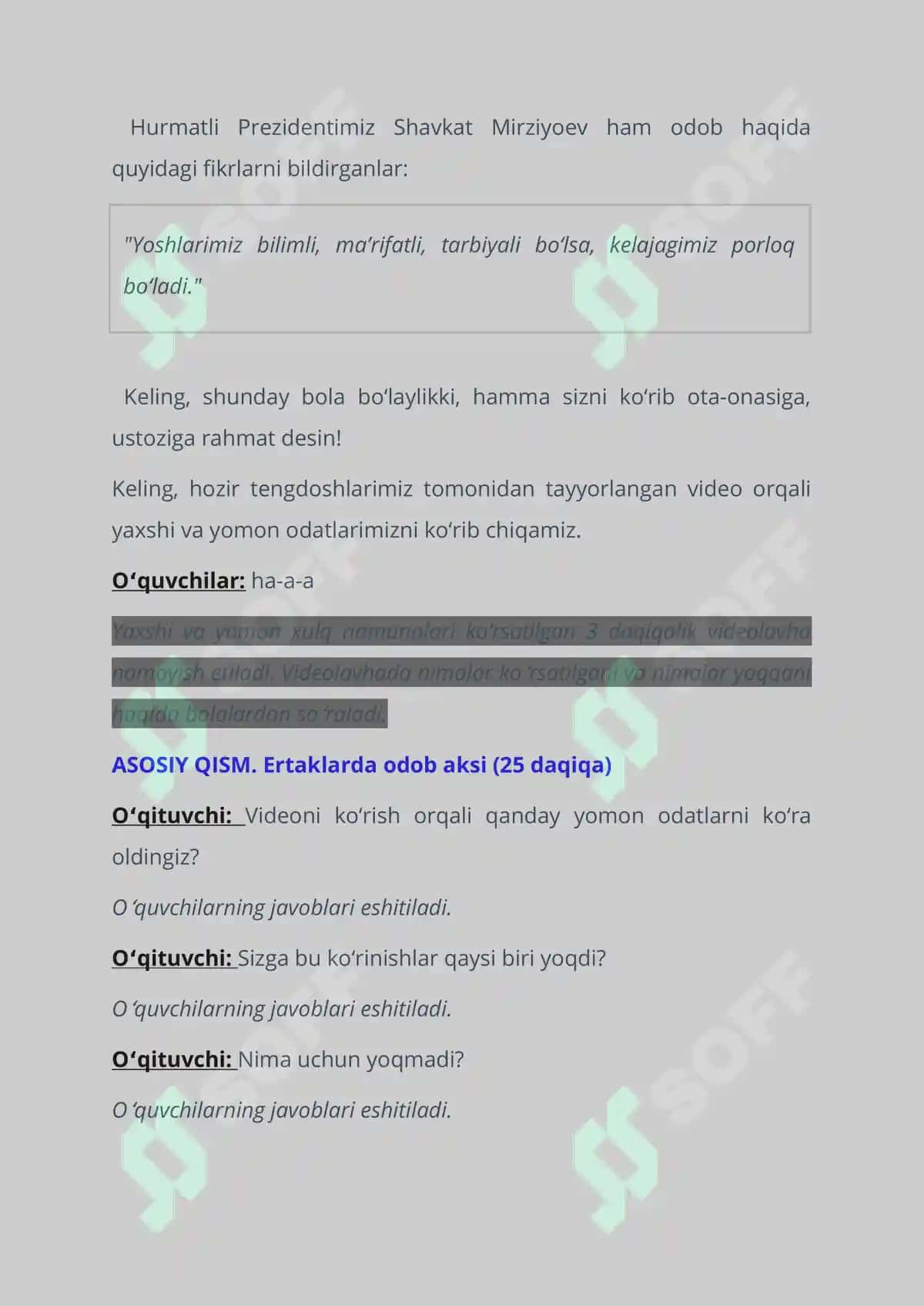"Kelajak soati" 3-mavzu: Odob-tarbiyaning mevasi (1-4-sinflar uchun dars ssenariysi) 2