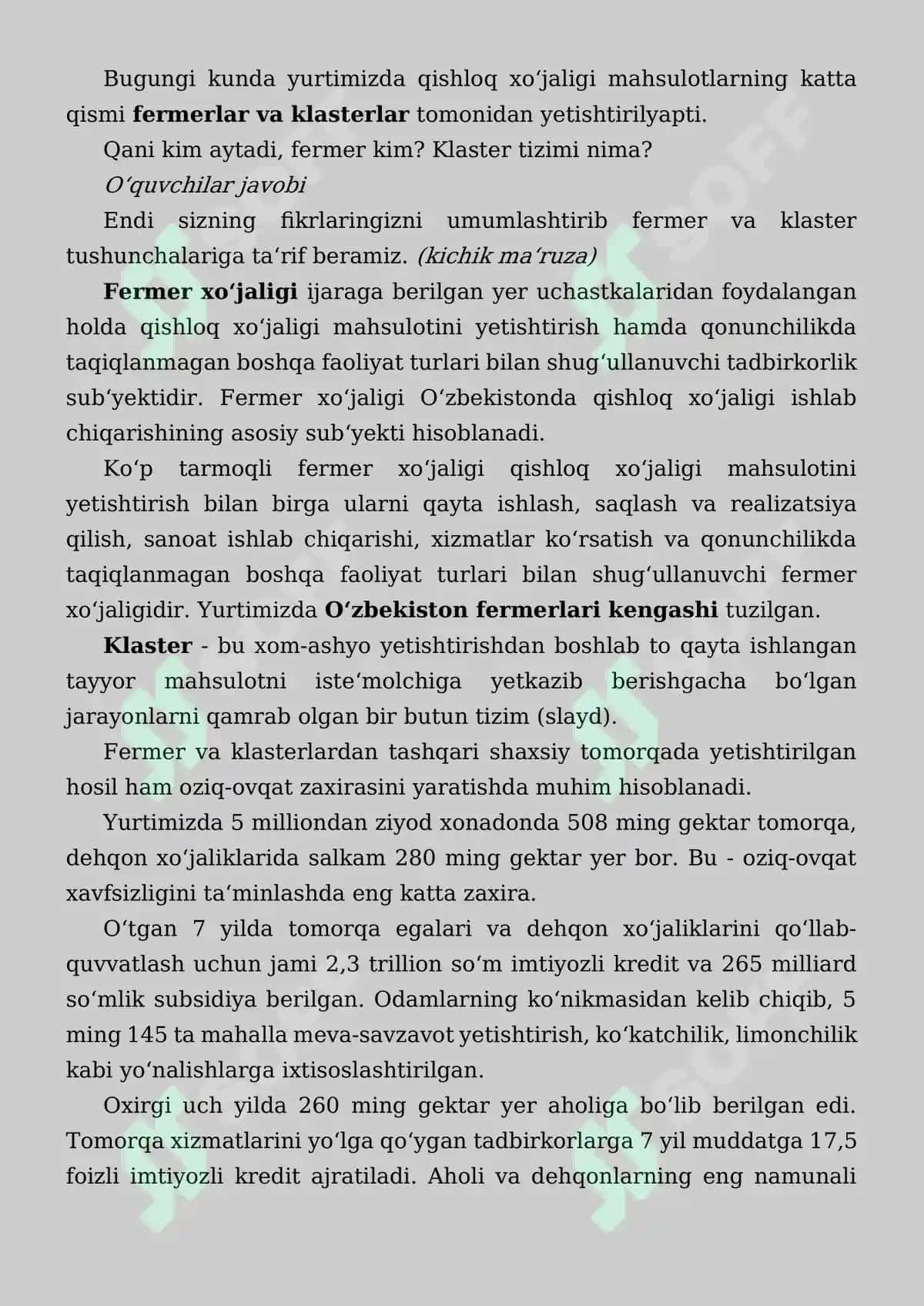Kelajak soati 4-mavzu: Hosil bayrami va oziq-ovqat xavfsizligi dars mashg'uloti ssenariysi (9-11 sinflar uchun) 4