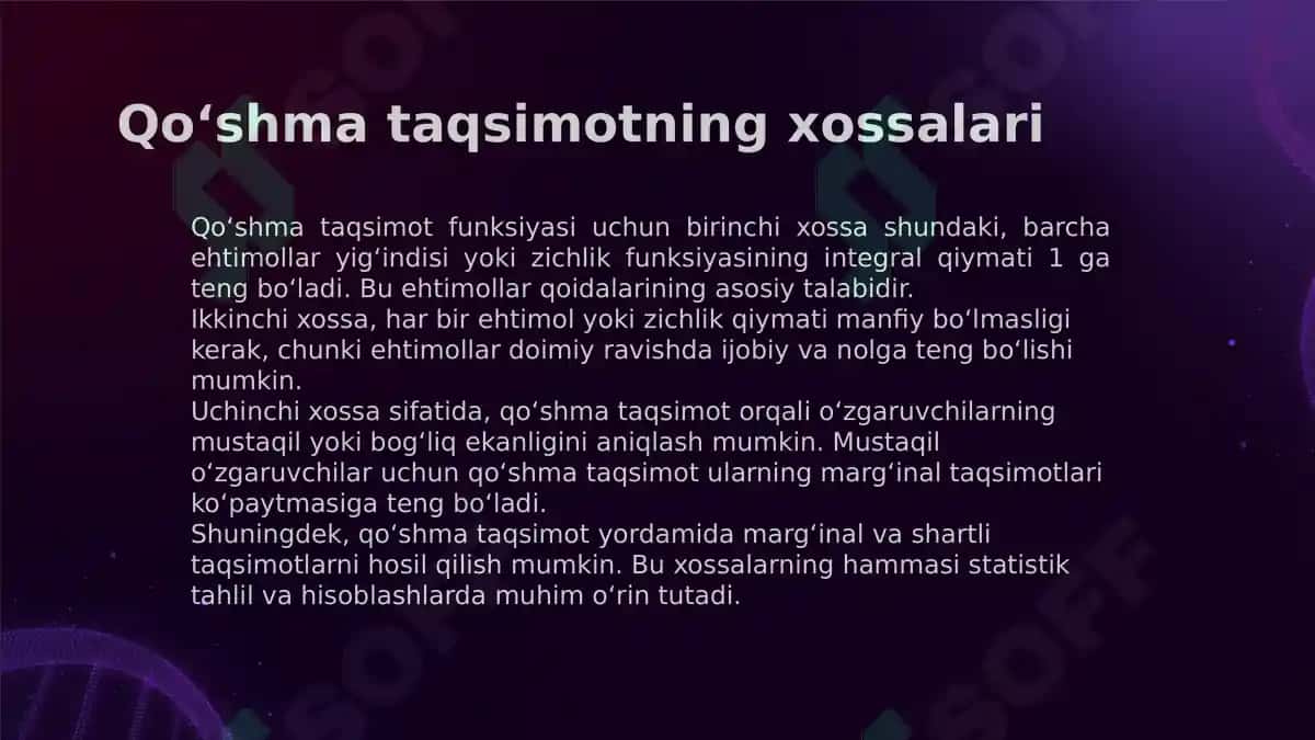IKKI O’ZGARUVCHILIK TASODIFIY MIQDORLAR UCHUN EHTIMOLLAR TAQSIMOTI FUNKSIYASI 8