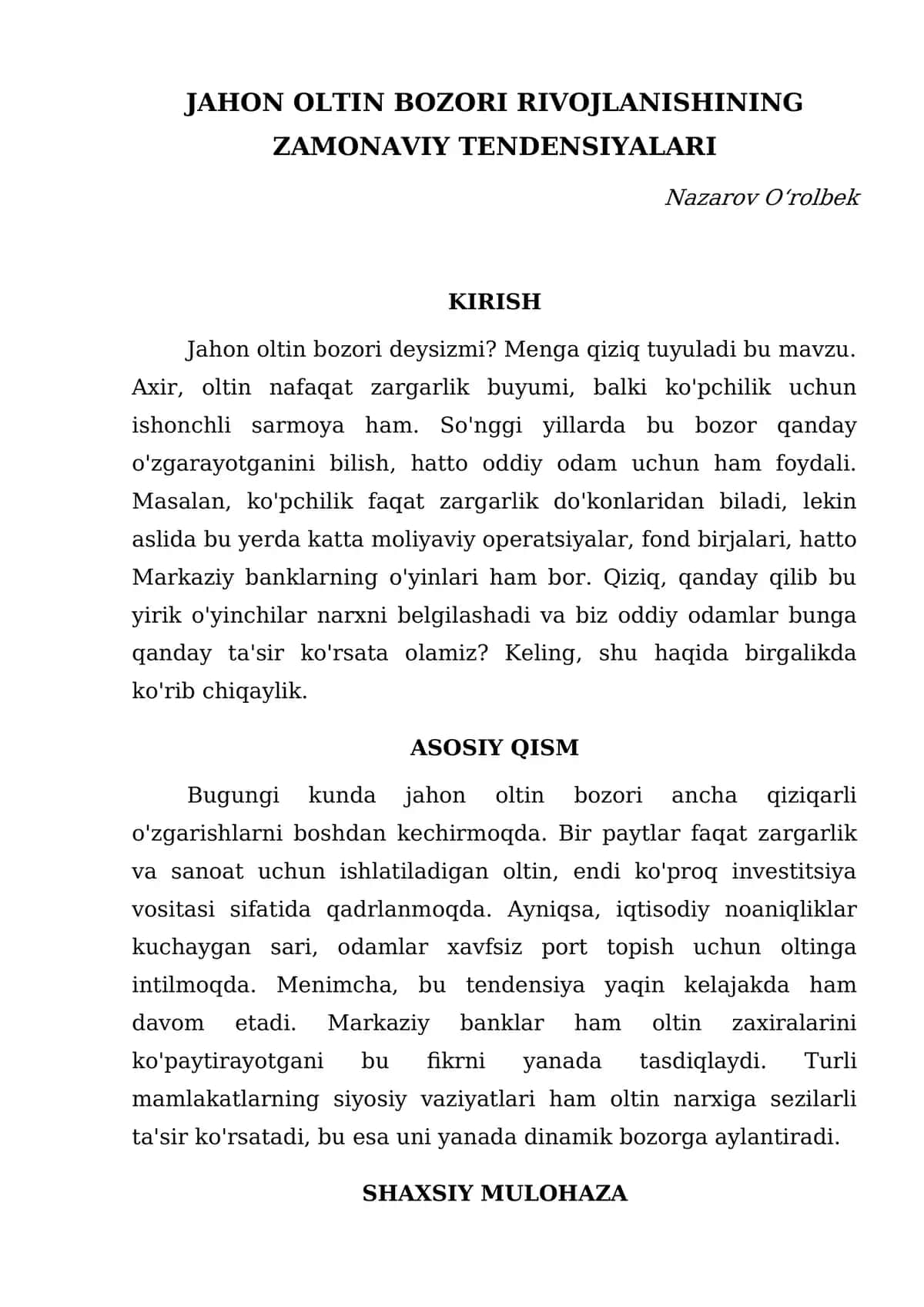 Jahon oltin bozori rivojlanishining zamonaviy tendensiyalari