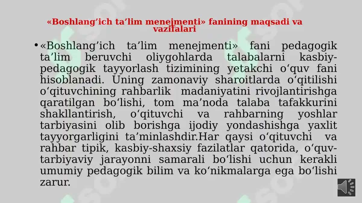 Boshlang'ich ta'lim menejmenti fanining mazmun-mohiyati, vazifalari va metodlari 2