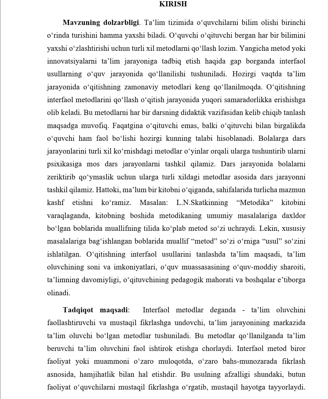 Boshlang'ich sinflarda interfaol metodlarda foydalanish kurs ishi