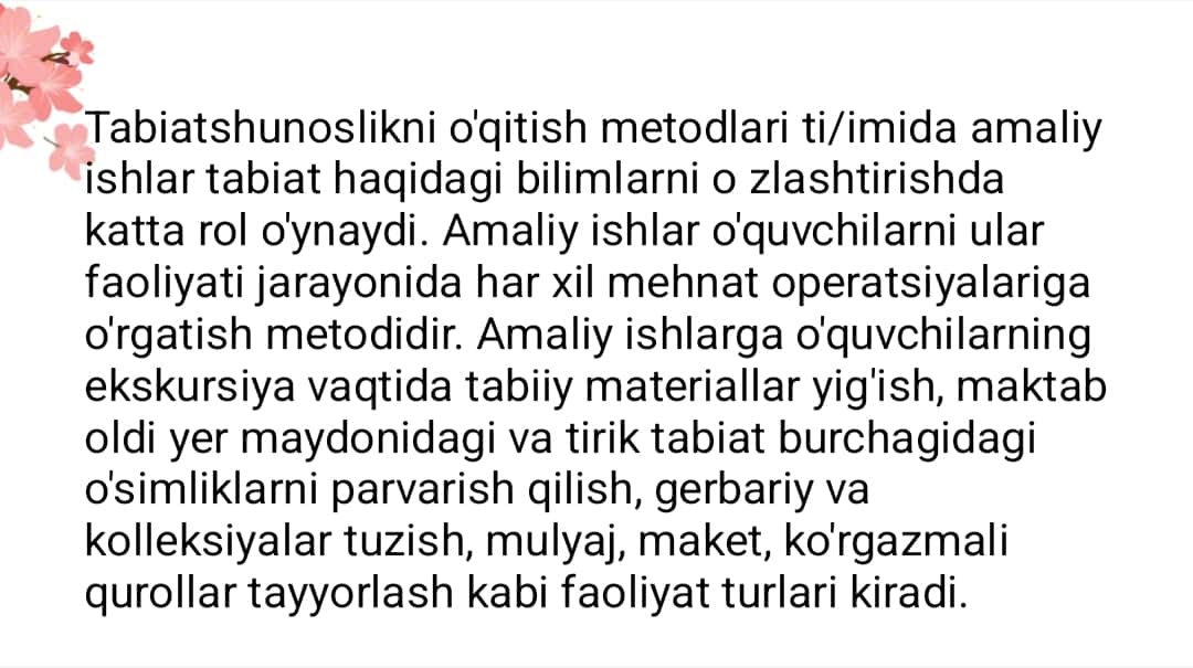 SHLANG'IH TÁLIM TÁBIYIY FANLAR DARSLIKLARIDA AMALIY ISHLARNI TASHKILLASHTIRISH VA ULARNING AHAMIYATI
