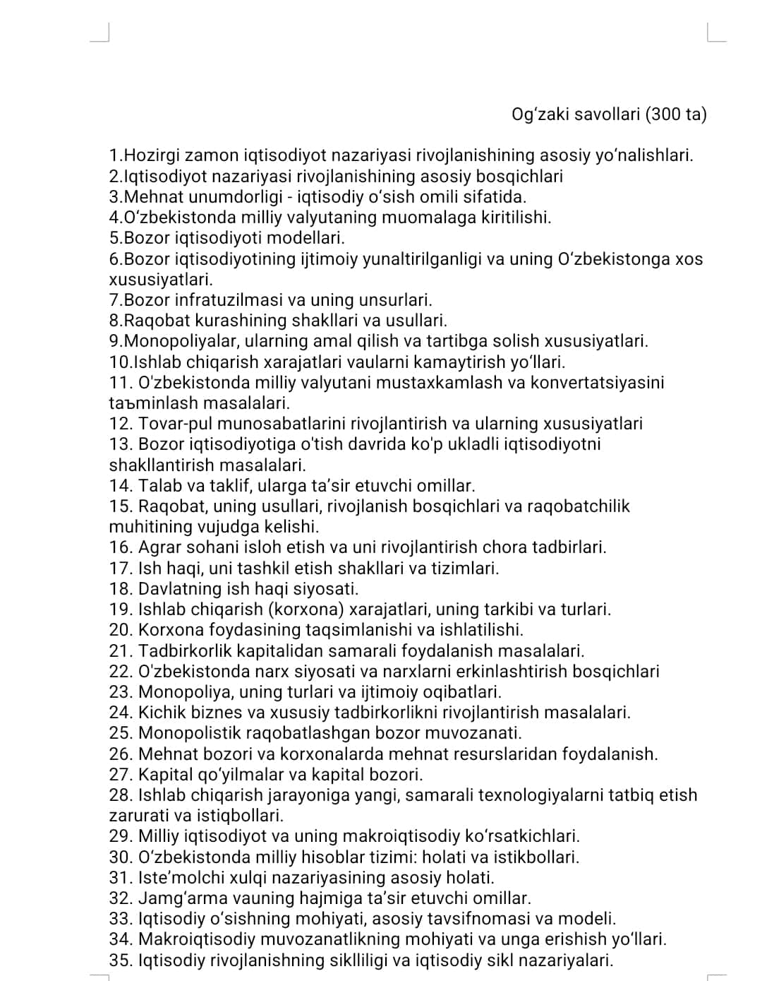 IQTISODIYOT NAZARIYASI” FANI BO‘YIChA  YAKUNIY NAZORAT SAVOLLARI