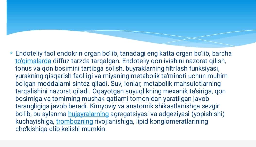Qon tomir endoteliyasining funksiyasi.