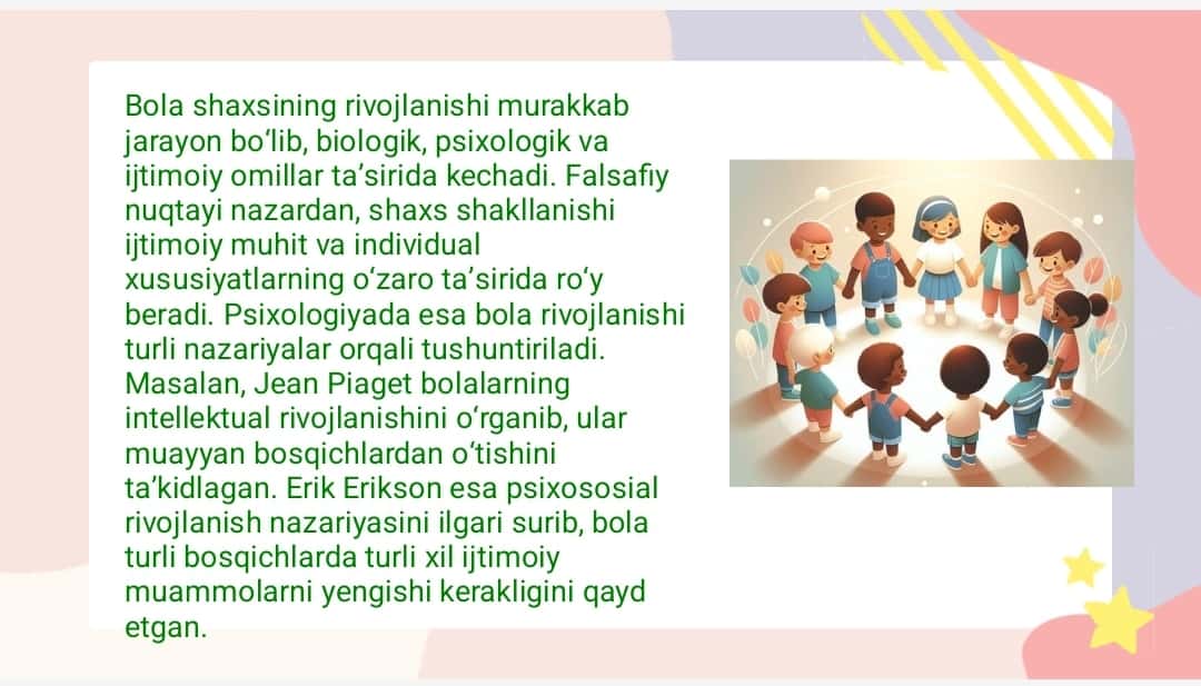 Bola shaxsining rivojlanishi va uning muhitga bog'liqligi