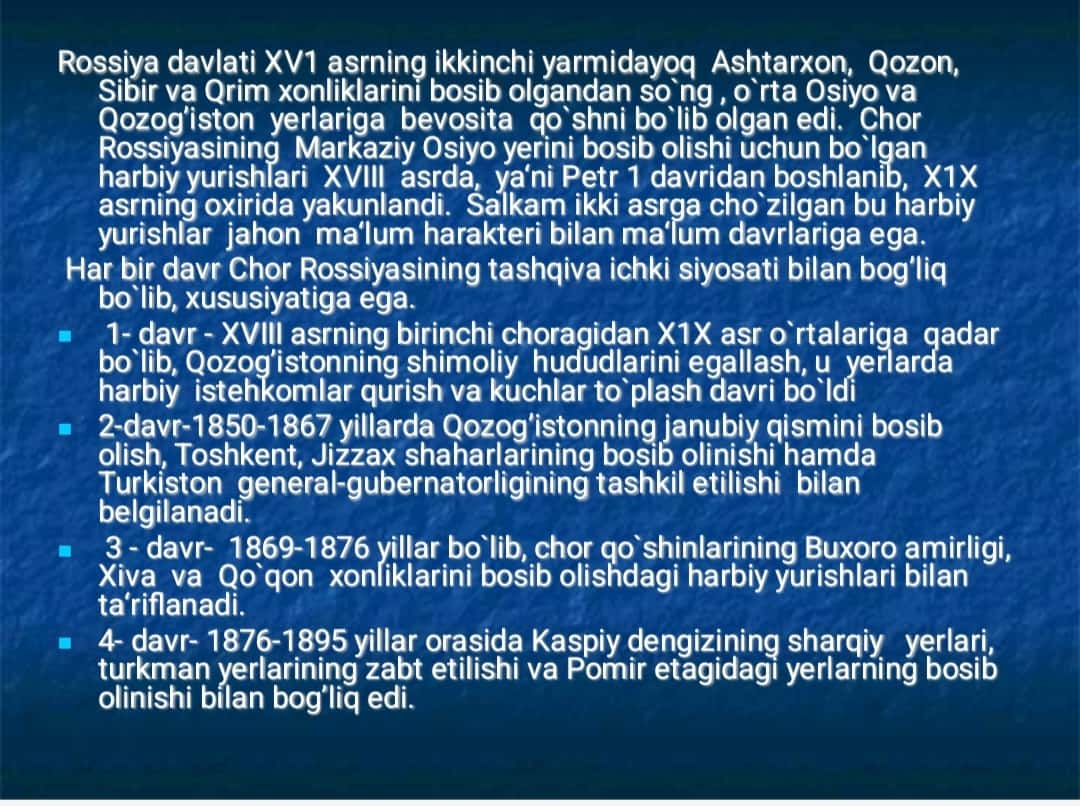 Chor Rossiyasining Turkistonni bosib olishi. Chorizm istibdodiga qarshi Turkiston xalqlarining milliy-ozodlik kurashi.
