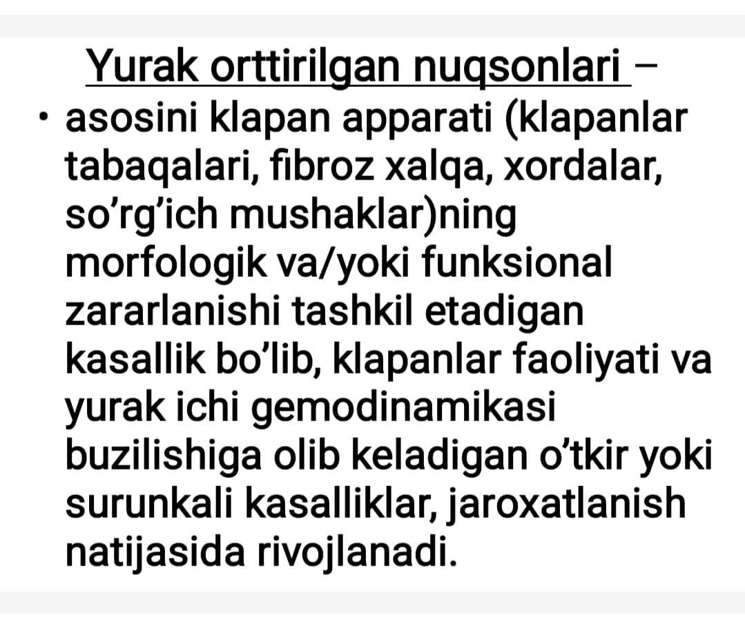 Yurak mitral va aortal nuqsonlari / yurak orttirilgan nuqsonlari