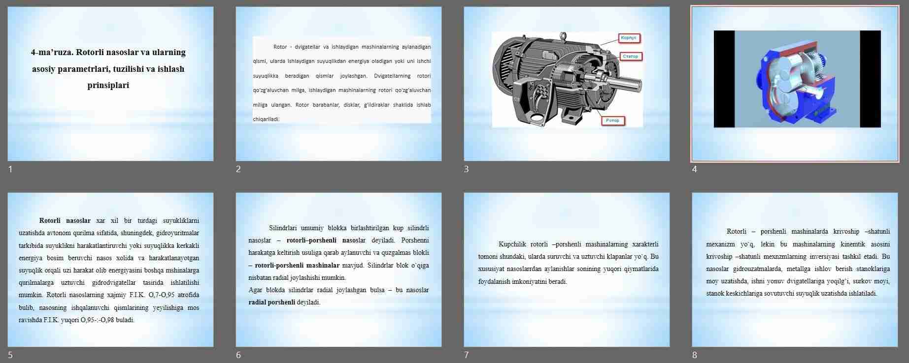 Rotorli nasoslar va ularning asosiy parametrlari, tuzilishi va ishlash prinsiplari