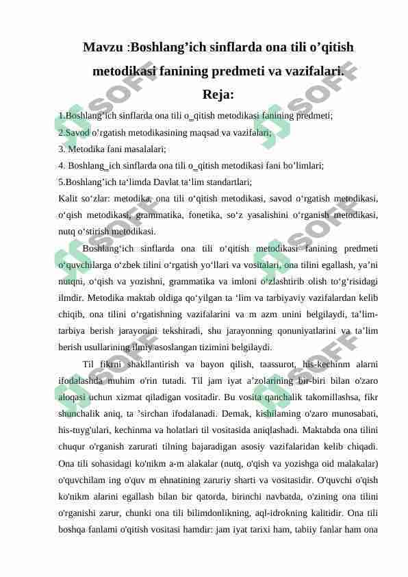 Boshlang’ich sinflarda ona tili o’qitish metodikasi