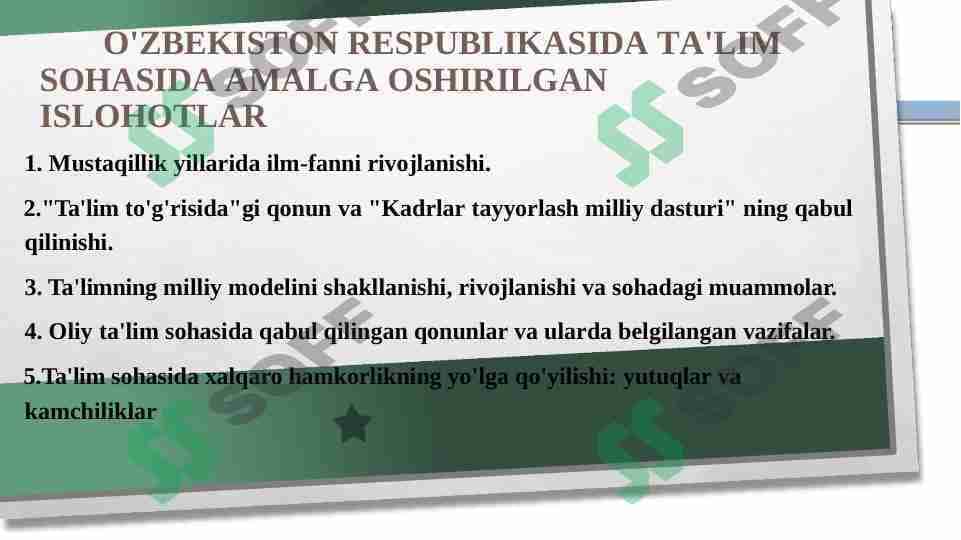 O'ZBEKISTON RESPUBLIKASIDA TA'LIM SOHASIDA AMALGA OSHIRILGAN ISLOHOTLAR