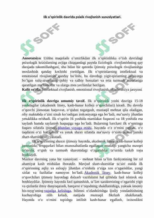 ilk o'spirinlik  rivojlanish davri