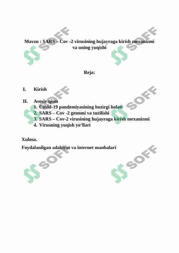 SARS – Cov -2 virusining hujayraga kirish mexanizmi va uning yuqishi