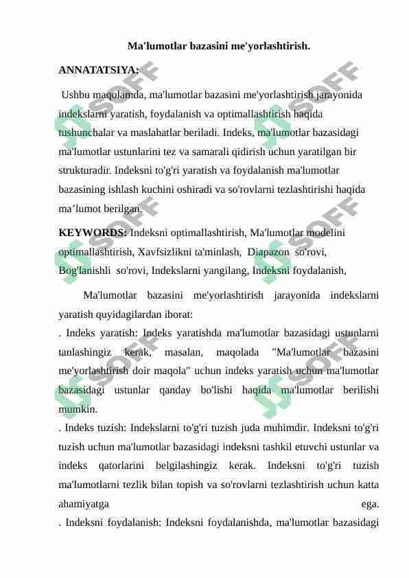 Ma'lumotlar bazasini me'yorlashtirish.