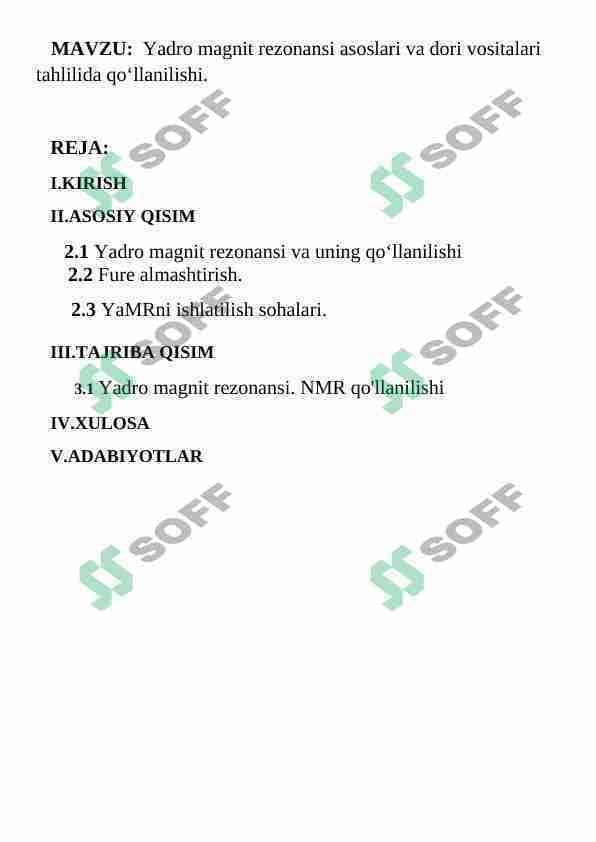 Yadro magnit rezonansi asoslari va dori vositalari tahlilida qo‘llanilishi