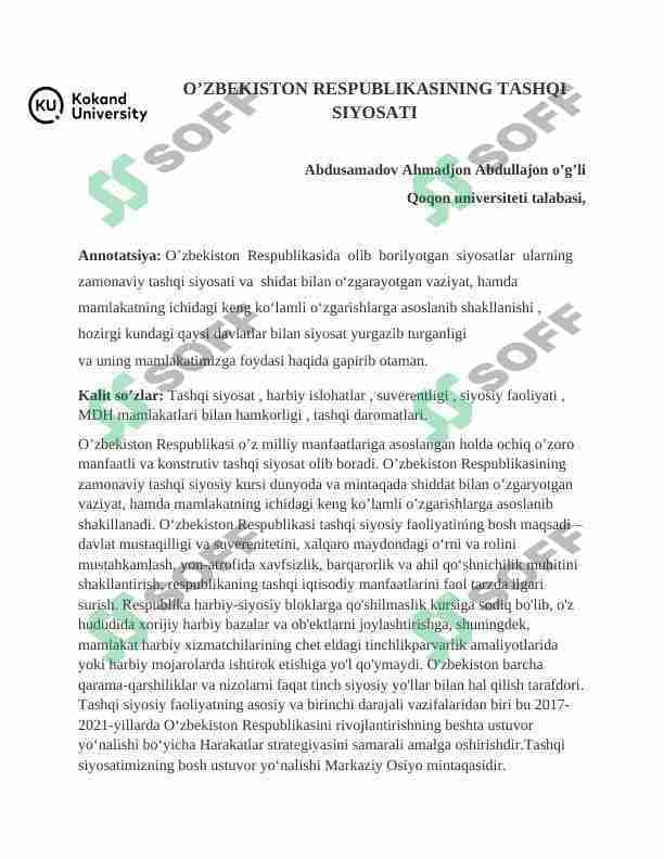 O’ZBEKISTON RESPUBLIKASINING TASHQI SIYOSATI